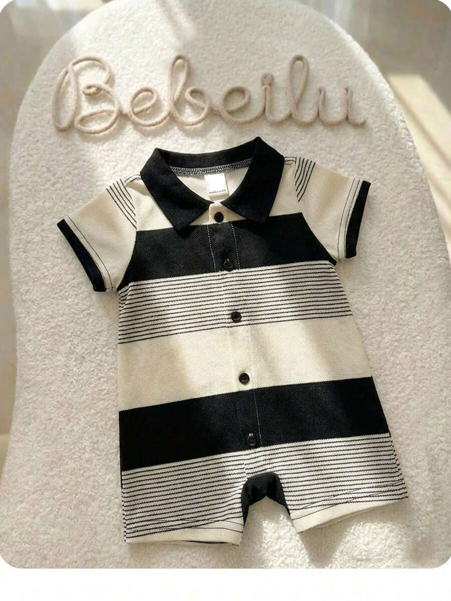 Newborn Baby Boy Knit Striped Short Sleeve Romper for Birthday Party Wedding Baby Shower Summer Outfit