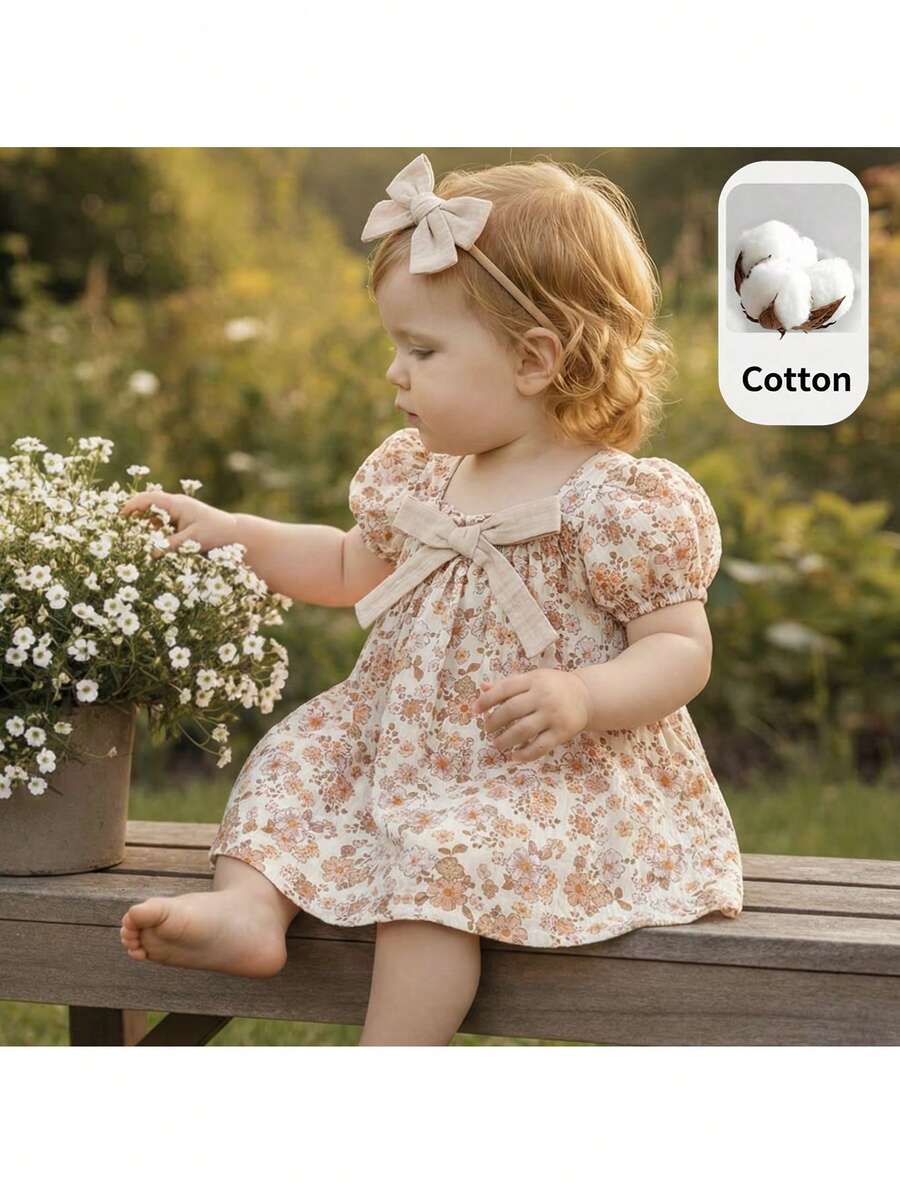 Baby Girl Plaid Bow Detail Short Sleeve Dress Cute Summer Vacation Outfit