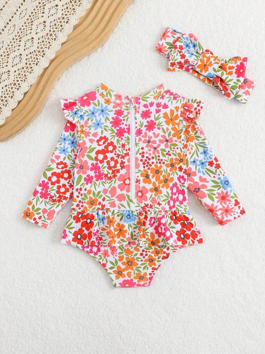 Baby Floral Long Sleeve One-Piece Swimsuit with Ruffle Hem and Matching Headband