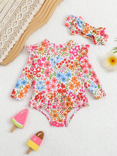 Baby Floral Long Sleeve One-Piece Swimsuit with Ruffle Hem and Matching Headband