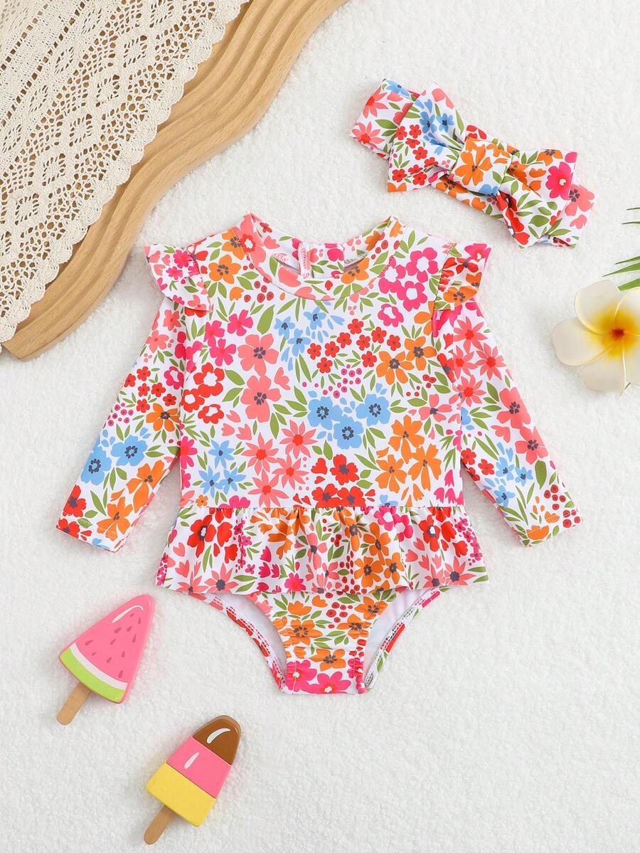 Baby Floral Long Sleeve One-Piece Swimsuit with Ruffle Hem and Matching Headband