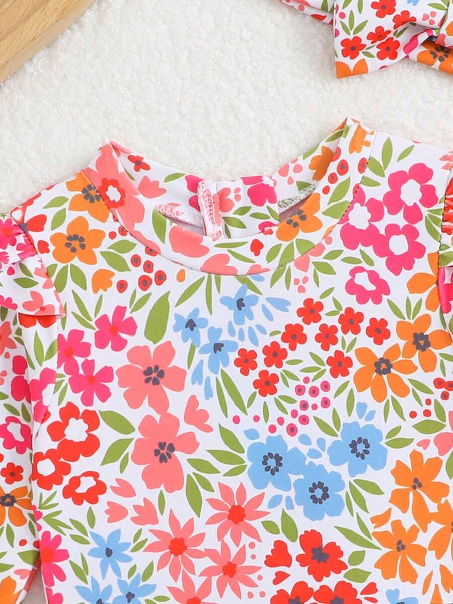 Baby Floral Long Sleeve One-Piece Swimsuit with Ruffle Hem and Matching Headband