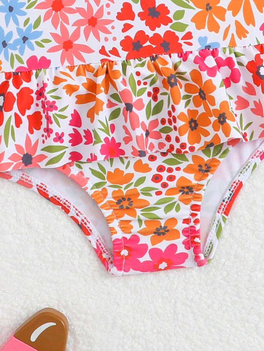 Baby Floral Long Sleeve One-Piece Swimsuit with Ruffle Hem and Matching Headband