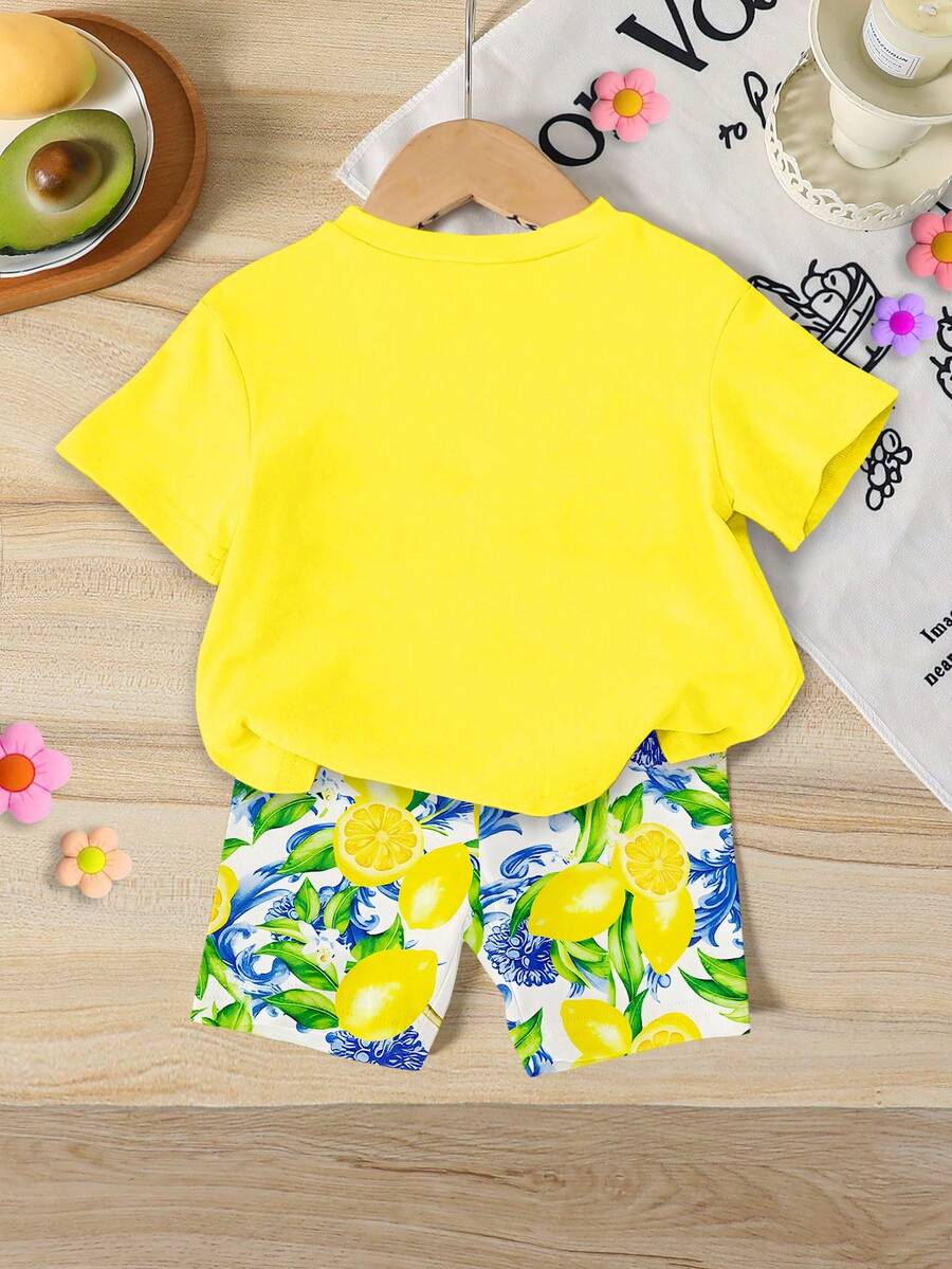 Lemon Fruit & Letter Print Short Sleeve Top and Shorts Set for Baby Girls