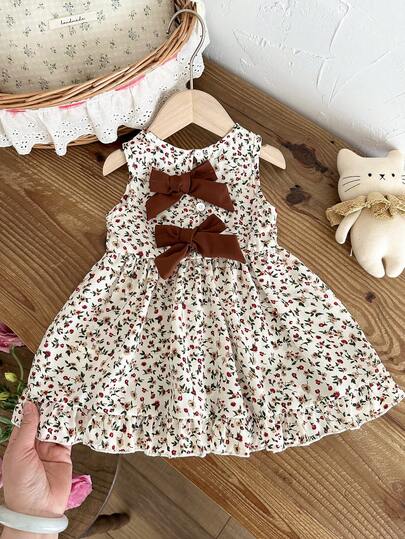 Baby Girl Brown Bowknot Sleeveless Puffy Dress for Casual Fall Outings