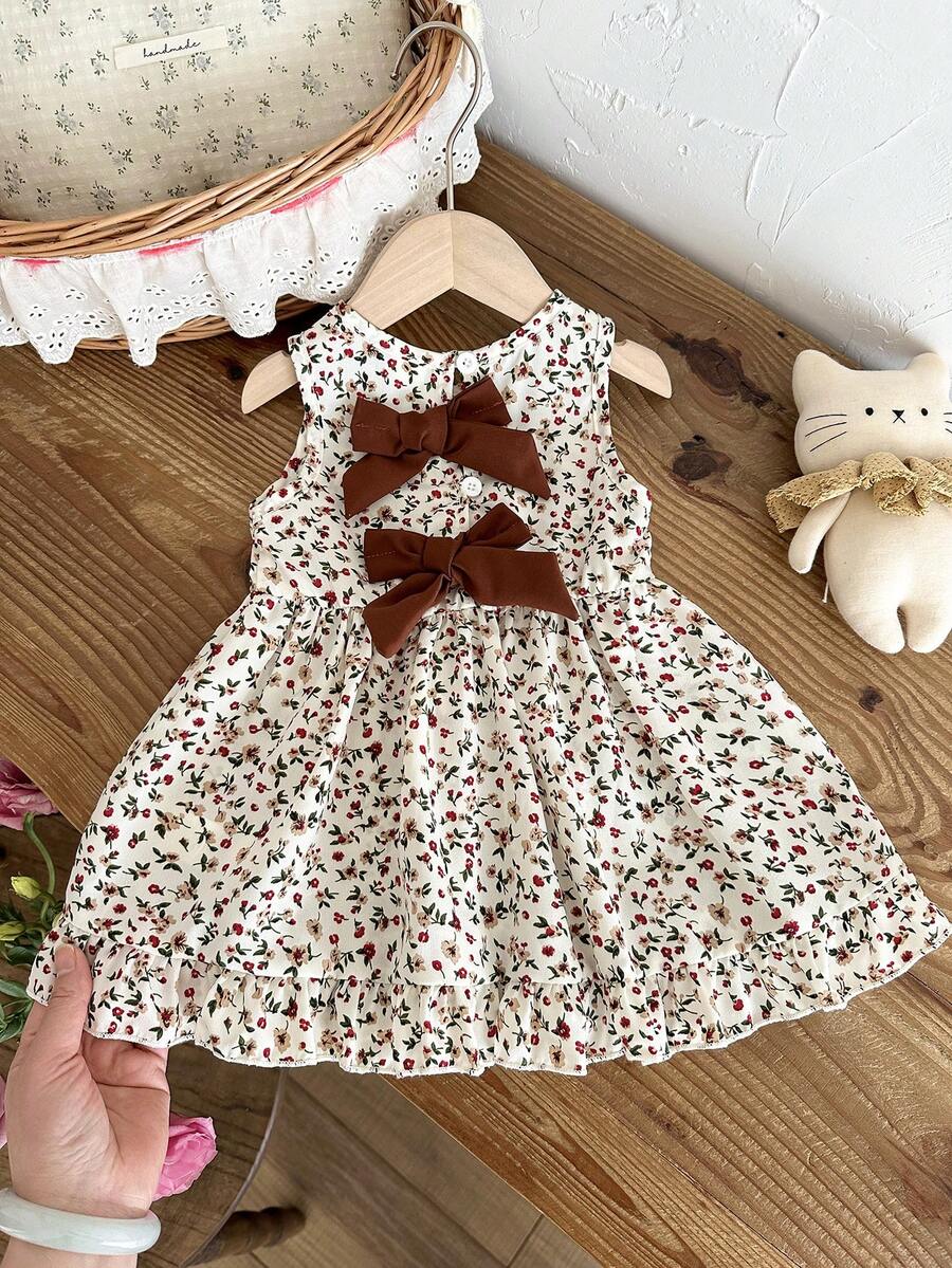 Baby Girl Brown Bowknot Sleeveless Puffy Dress for Casual Fall Outings
