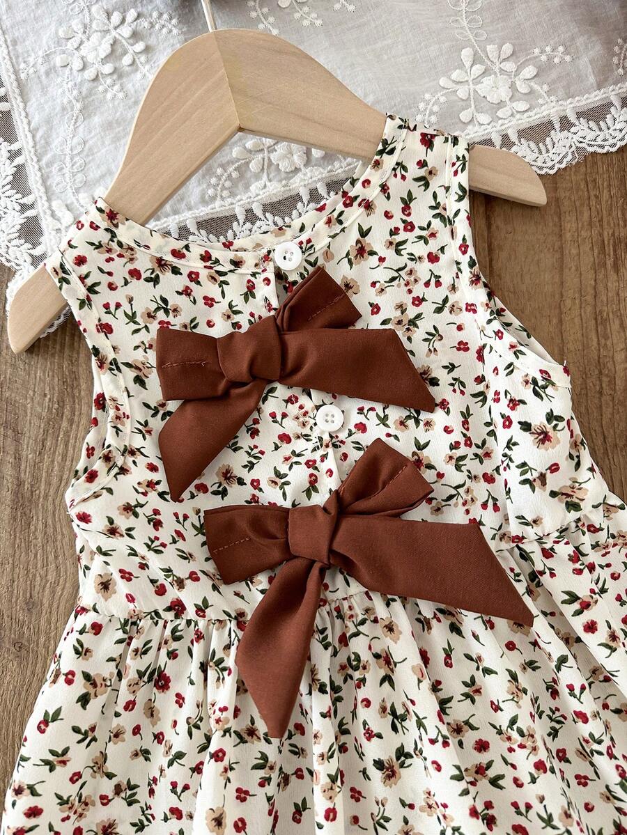 Baby Girl Brown Bowknot Sleeveless Puffy Dress for Casual Fall Outings