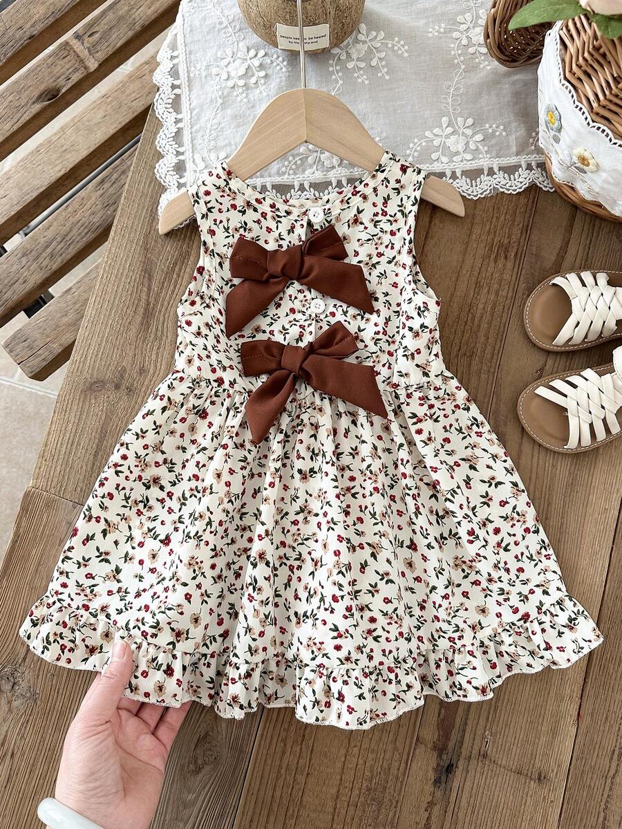 Baby Girl Brown Bowknot Sleeveless Puffy Dress for Casual Fall Outings