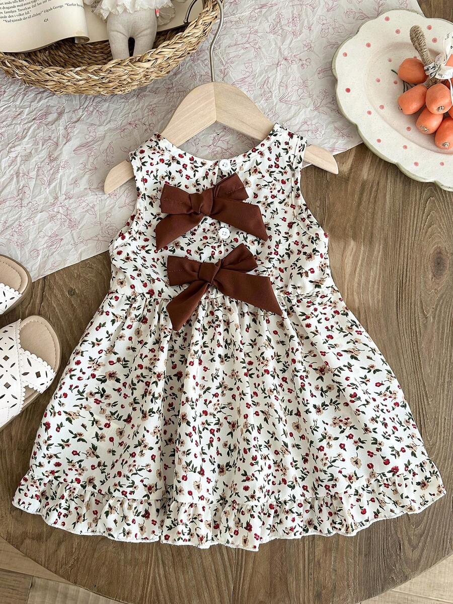 Baby Girl Brown Bowknot Sleeveless Puffy Dress for Casual Fall Outings