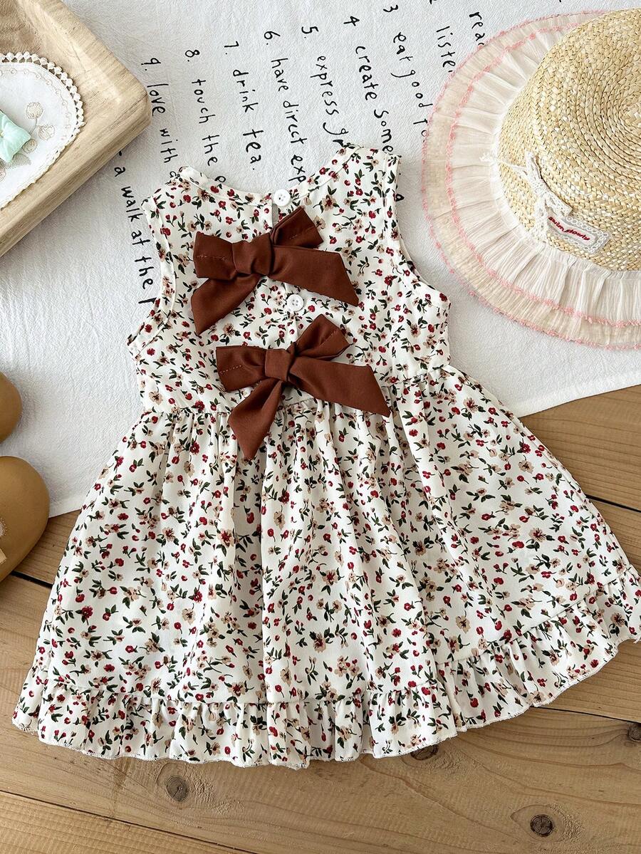 Baby Girl Brown Bowknot Sleeveless Puffy Dress for Casual Fall Outings