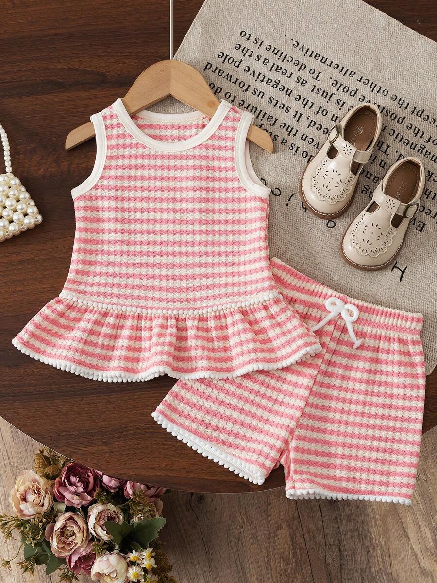 Two Piece Summer Clothing Set For Kids Girls Floral Knit Top And Shorts