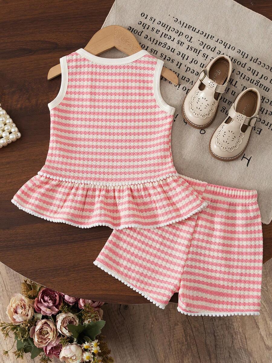 Two Piece Summer Clothing Set For Kids Girls Floral Knit Top And Shorts