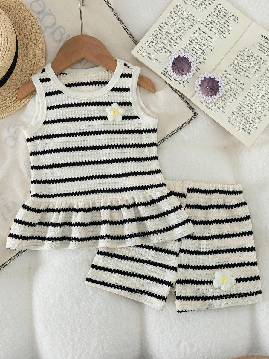 Two Piece Summer Clothing Set For Kids Girls Floral Knit Top And Shorts