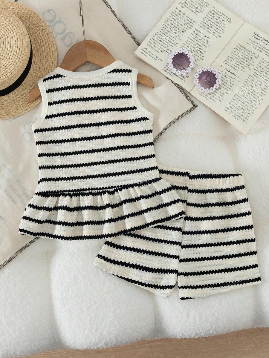 Two Piece Summer Clothing Set For Kids Girls Floral Knit Top And Shorts