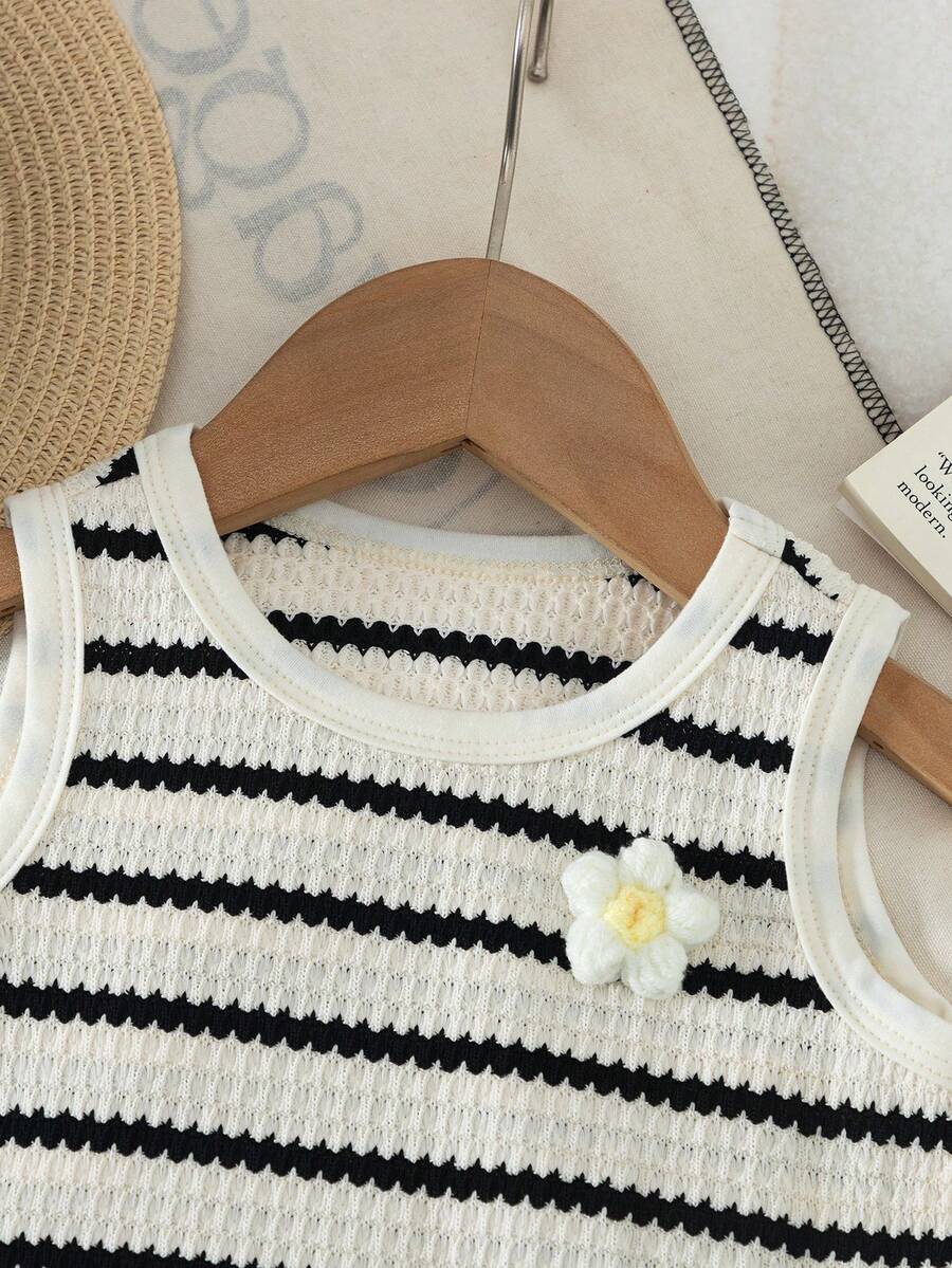 Two Piece Summer Clothing Set For Kids Girls Floral Knit Top And Shorts