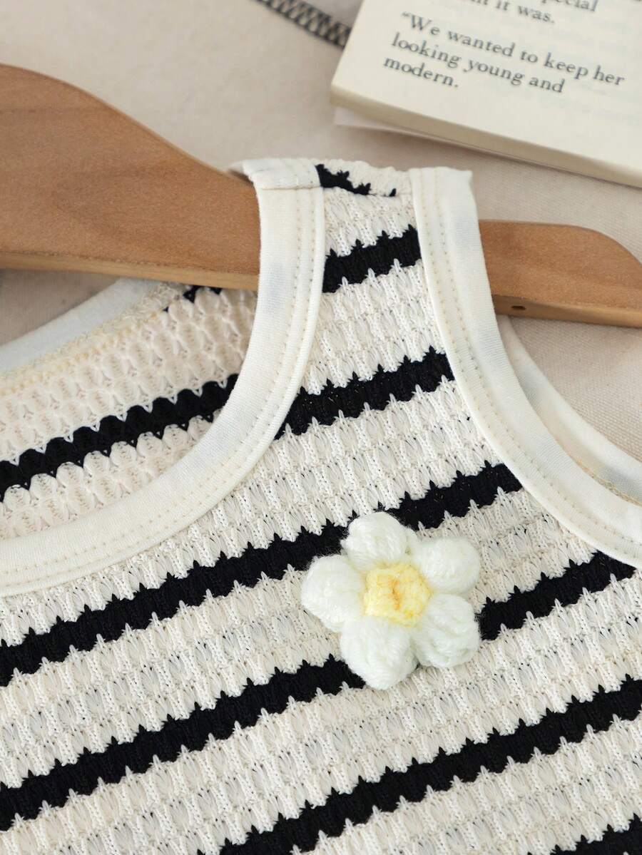 Two Piece Summer Clothing Set For Kids Girls Floral Knit Top And Shorts