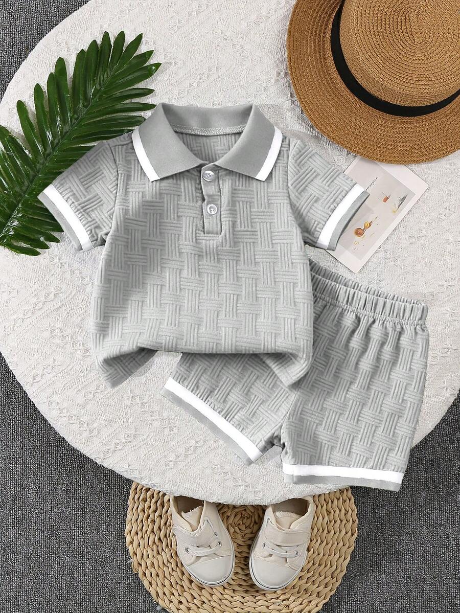 Stylish Baby Boy Solid Color Jacquard Top and Matching Shorts Summer Set
