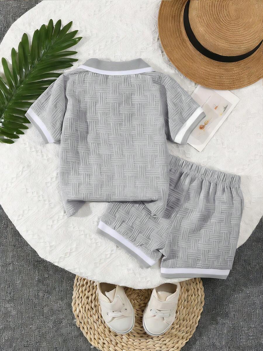 Stylish Baby Boy Solid Color Jacquard Top and Matching Shorts Summer Set