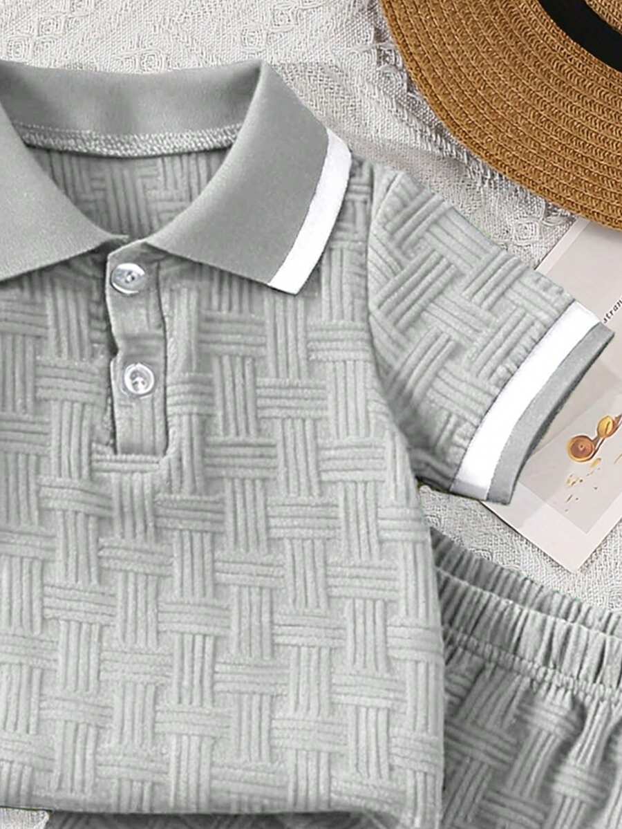 Stylish Baby Boy Solid Color Jacquard Top and Matching Shorts Summer Set