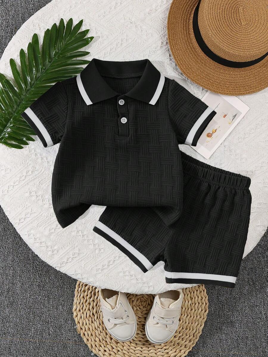Stylish Baby Boy Solid Color Jacquard Top and Matching Shorts Summer Set