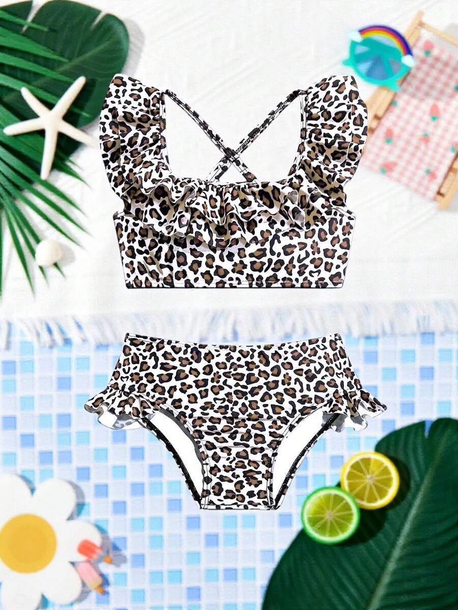 Baby Girls Leopard Print Bikini Set With Ruffle Trim Cute Summer Swimwear