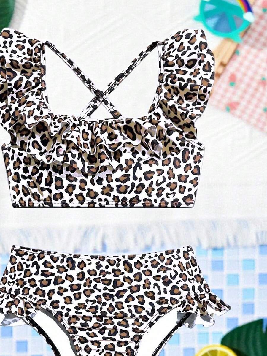 Baby Girls Leopard Print Bikini Set With Ruffle Trim Cute Summer Swimwear