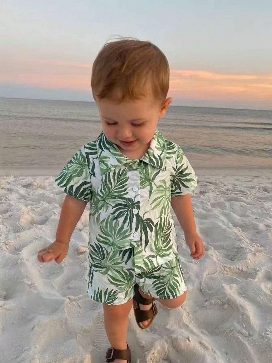 2pcs/Set Baby Boy Tropical Plant Pattern Vacation Outfit (6M-3T)