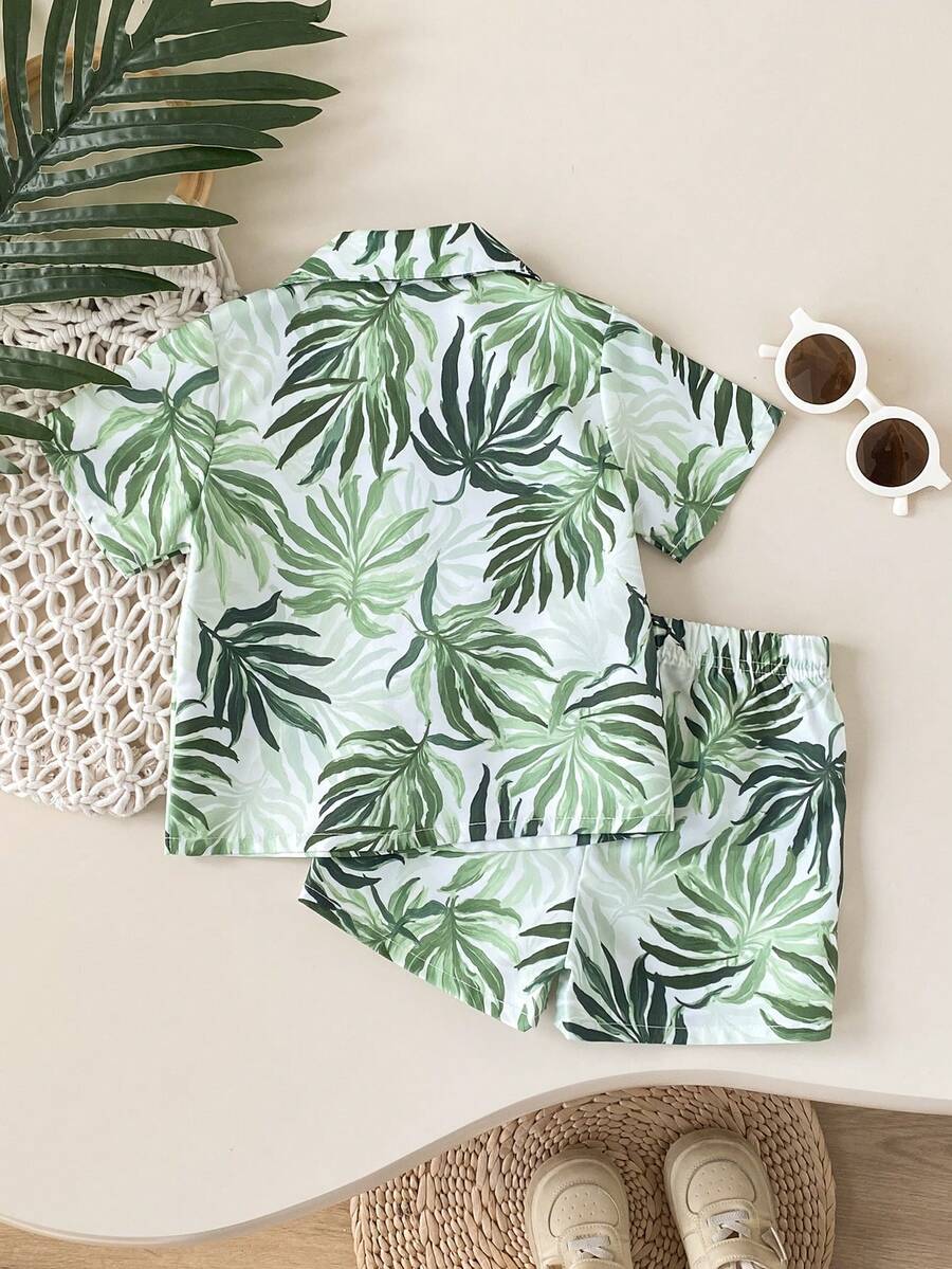 2pcs/Set Baby Boy Tropical Plant Pattern Vacation Outfit (6M-3T)