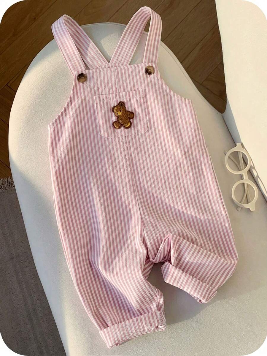 Striped Baby Boys Jumpsuit With Cartoon Bear Design Casual Kids Outfit