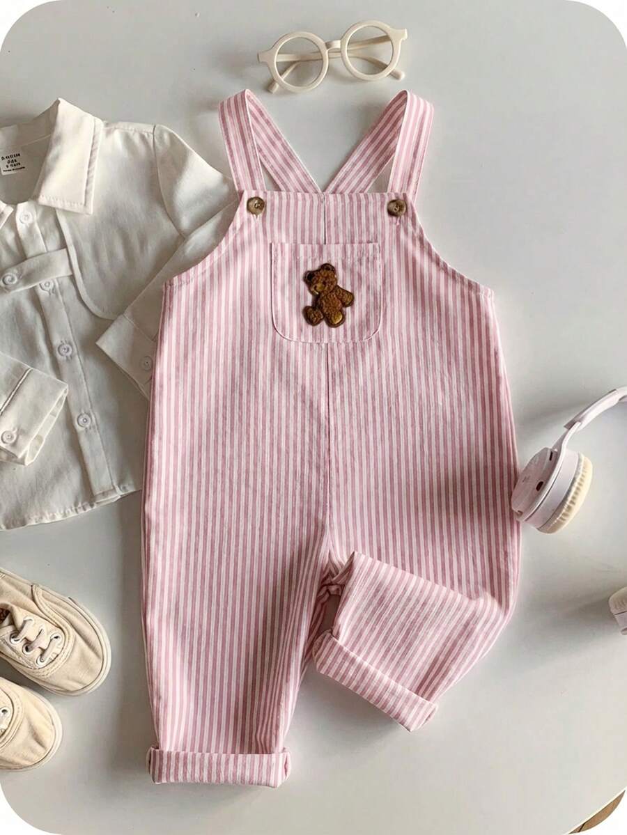 Striped Baby Boys Jumpsuit With Cartoon Bear Design Casual Kids Outfit