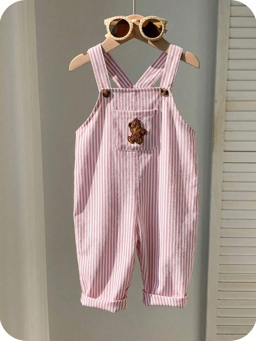 Striped Baby Boys Jumpsuit With Cartoon Bear Design Casual Kids Outfit