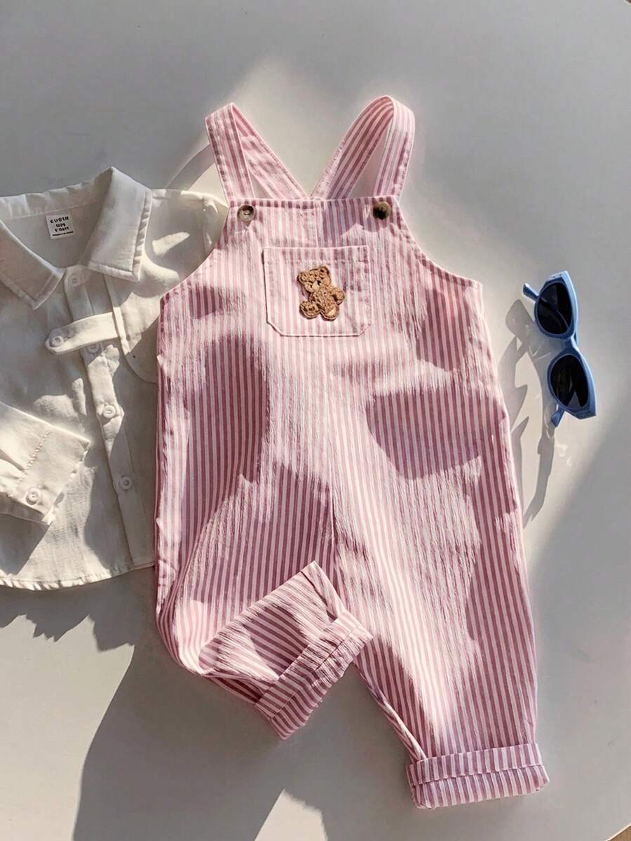 Striped Baby Boys Jumpsuit With Cartoon Bear Design Casual Kids Outfit