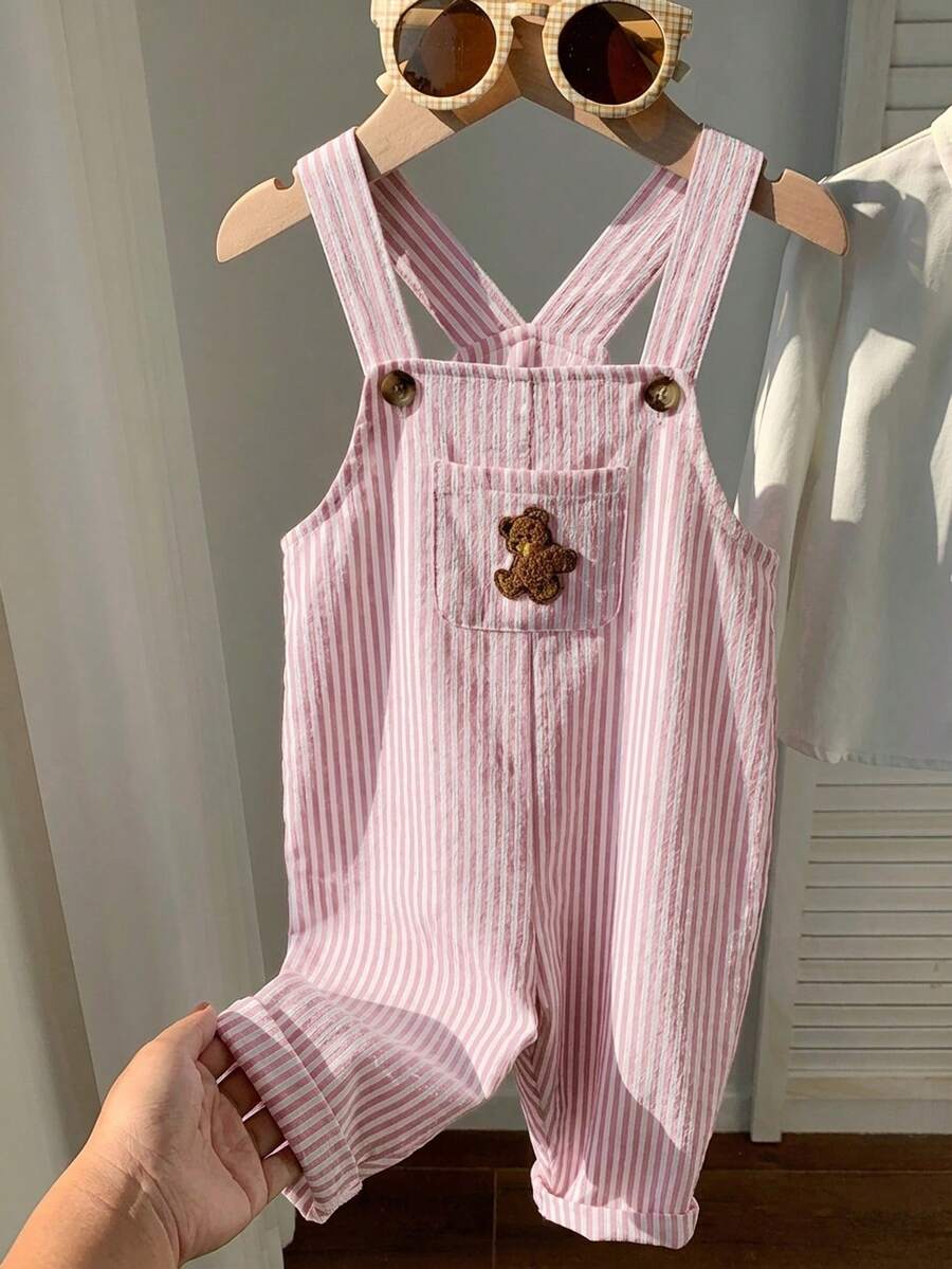 Striped Baby Boys Jumpsuit With Cartoon Bear Design Casual Kids Outfit