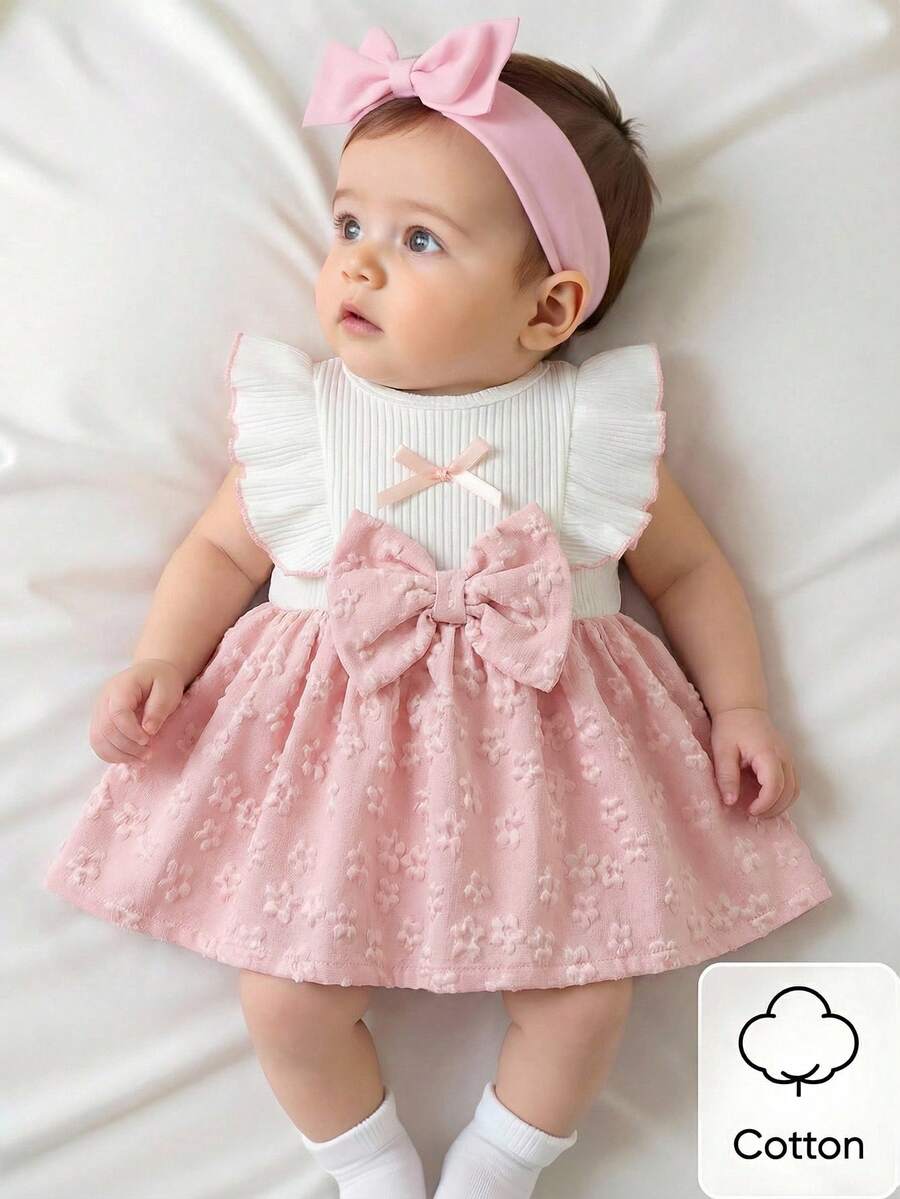 Baby Lace Collar Pink Bow Dress for Elegant Retro Summer Wear