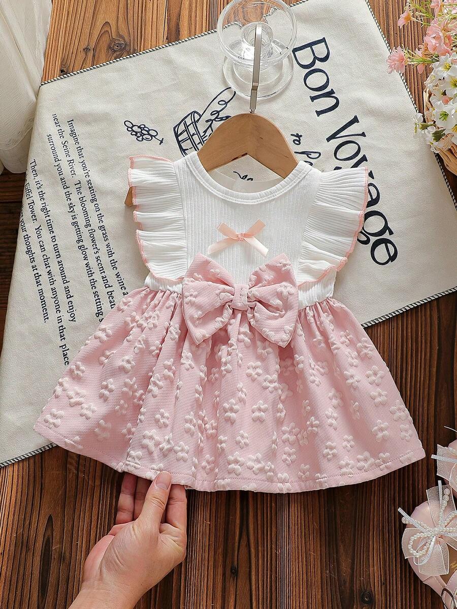 Baby Lace Collar Pink Bow Dress for Elegant Retro Summer Wear