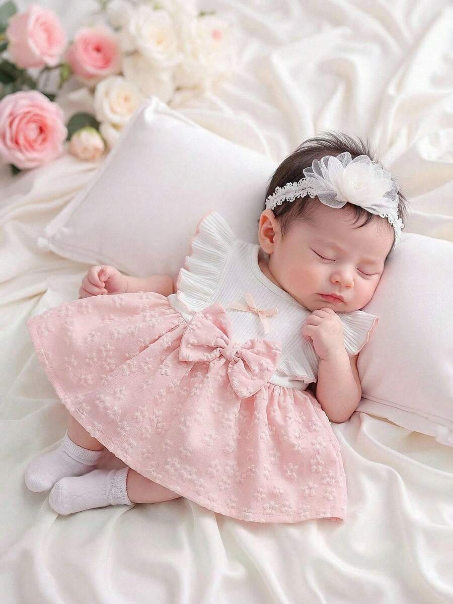 Baby Lace Collar Pink Bow Dress for Elegant Retro Summer Wear