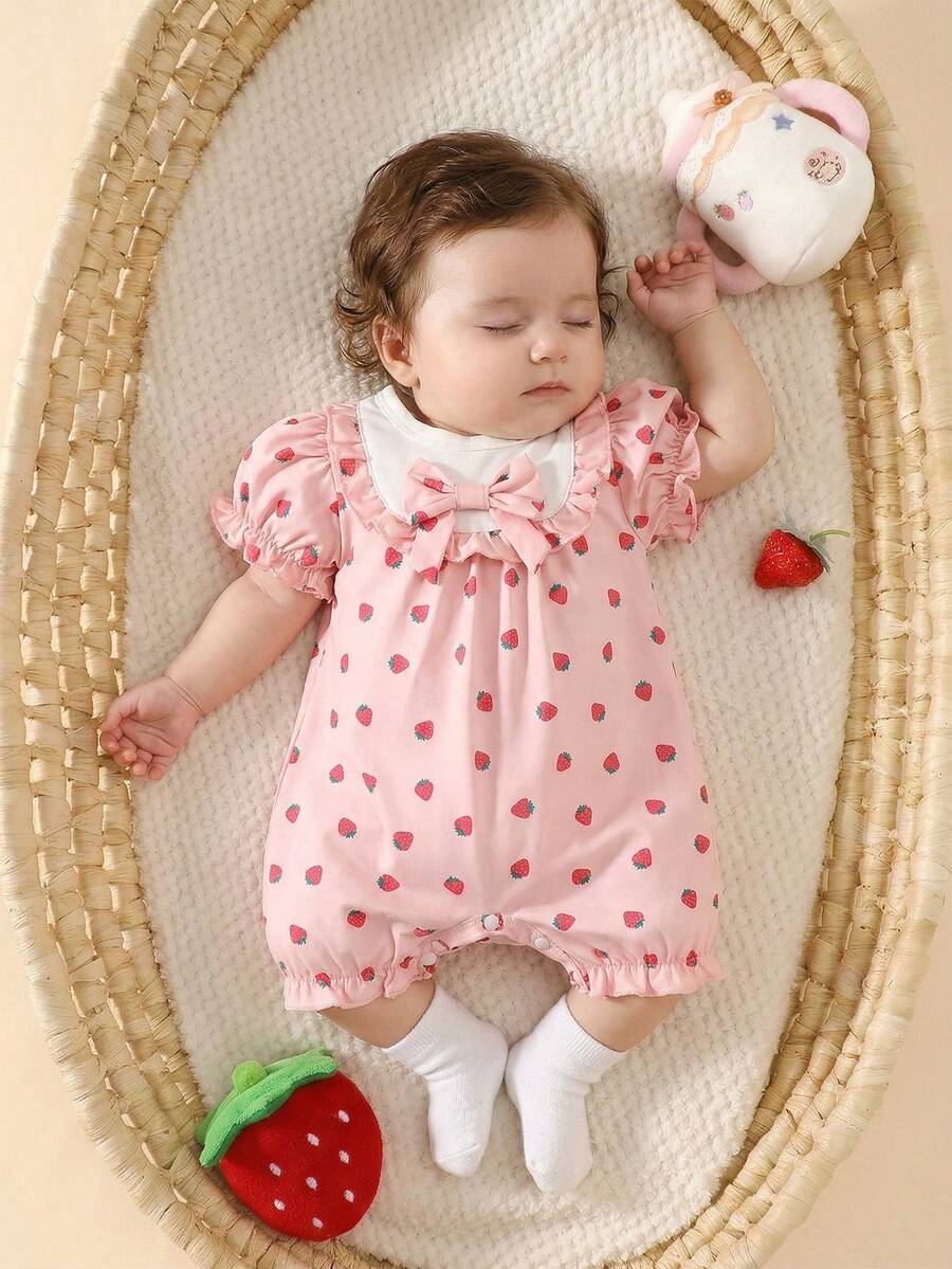 Baby Embroidered Bubble Sleeve Jumpsuit Shorts for Cute Summer Daily Wear