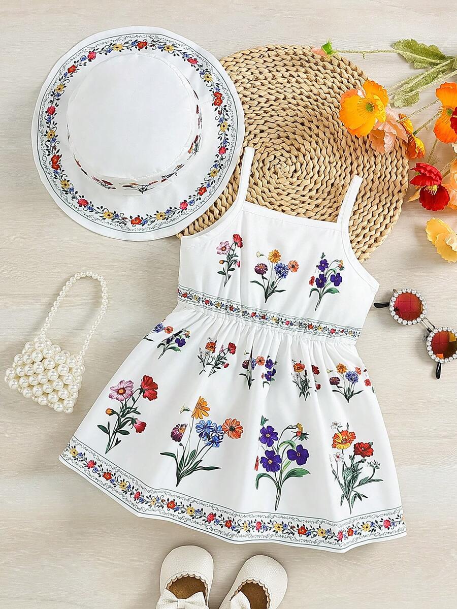 2pcs Baby Girl Floral Print Dress and Hat Set for Spring and Summer Wear