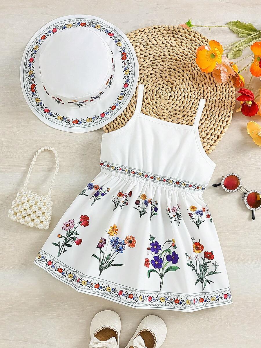2pcs Baby Girl Floral Print Dress and Hat Set for Spring and Summer Wear