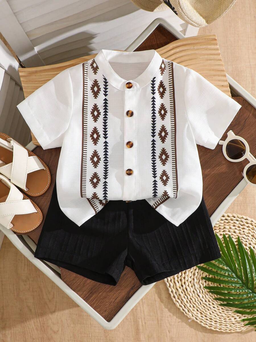 Summer Outing Baby Boy 2-Piece Printed Shirt and Comfortable Shorts Set
