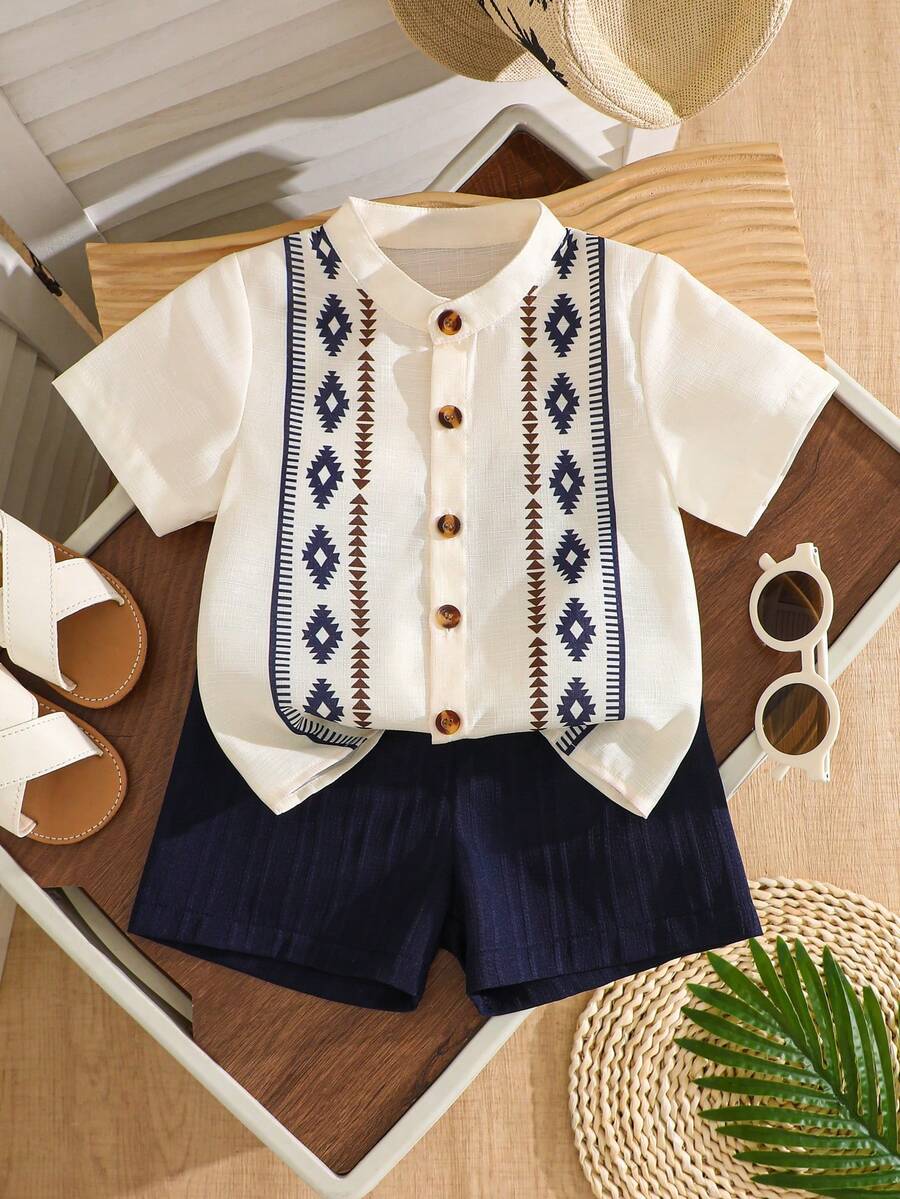 Summer Outing Baby Boy 2-Piece Printed Shirt and Comfortable Shorts Set