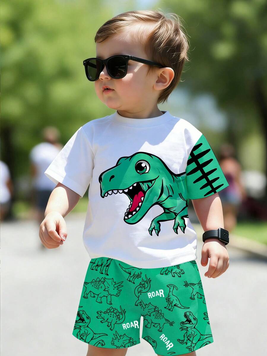 Baby Boy Blue Dinosaur Print T Shirt and Matching Shorts Summer Outfit Set