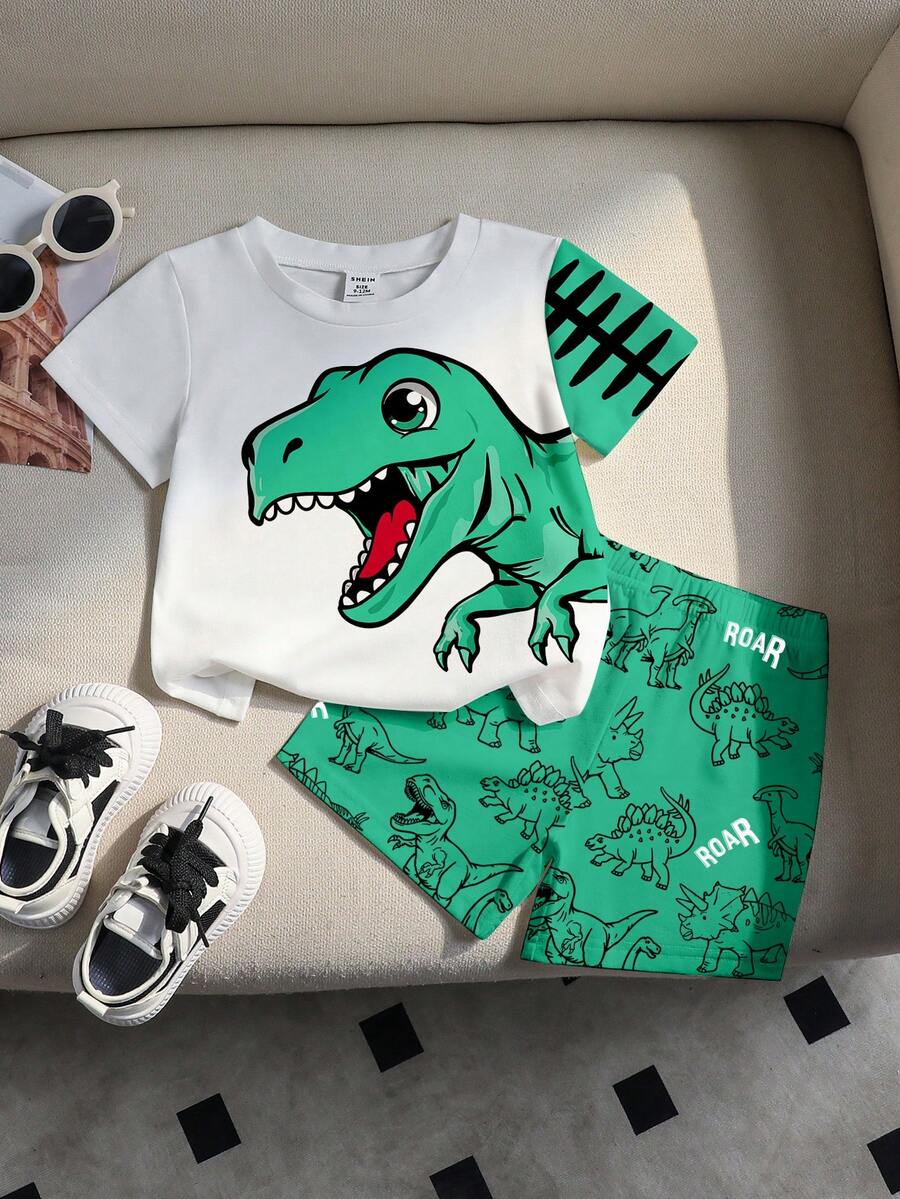 Baby Boy Blue Dinosaur Print T Shirt and Matching Shorts Summer Outfit Set