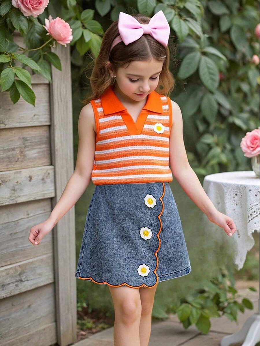Toddler Girls Textured Knit Vest Top And Denim Skort Flower Embroidered Summer Outfit Set