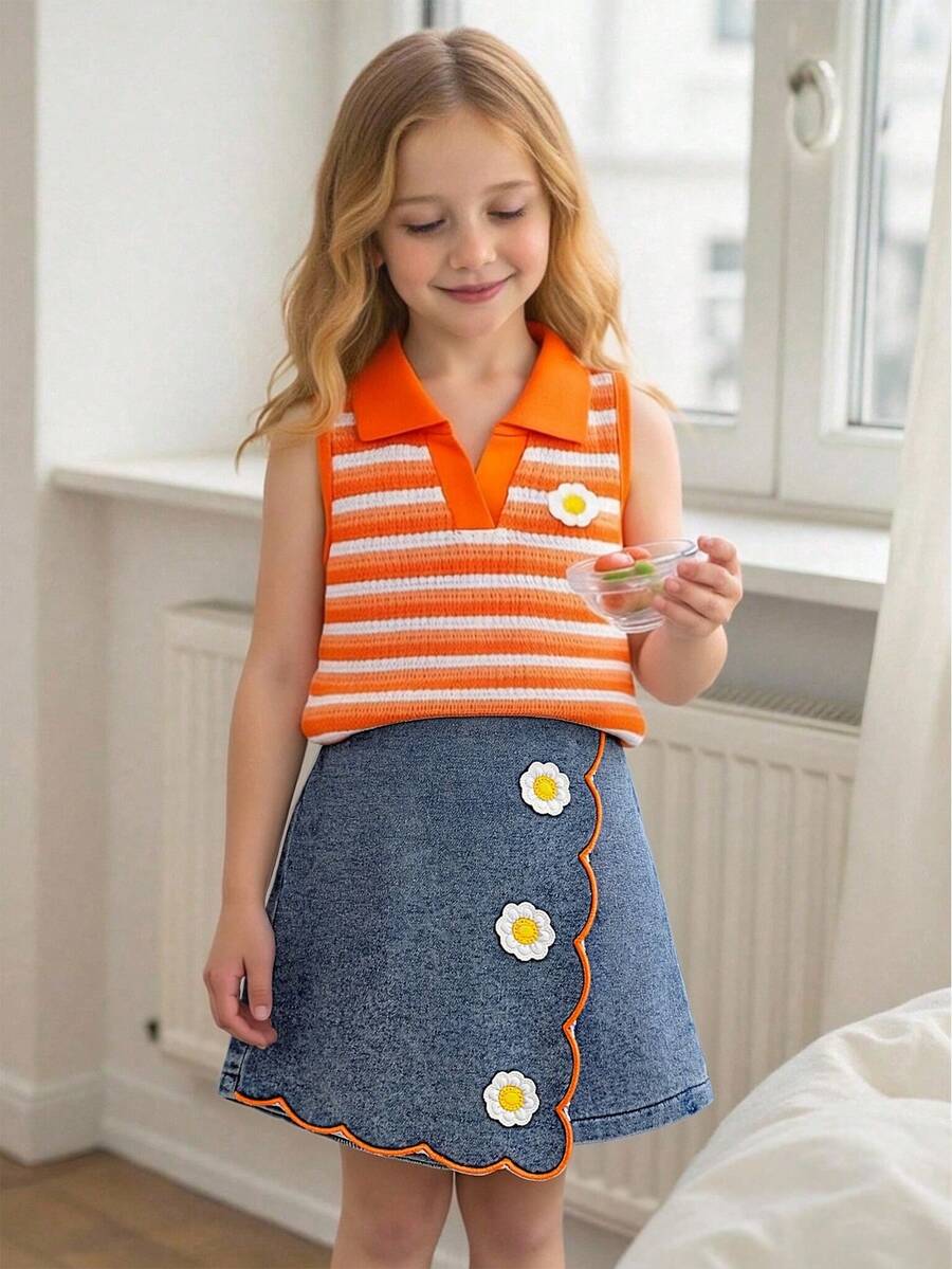 Toddler Girls Textured Knit Vest Top And Denim Skort Flower Embroidered Summer Outfit Set