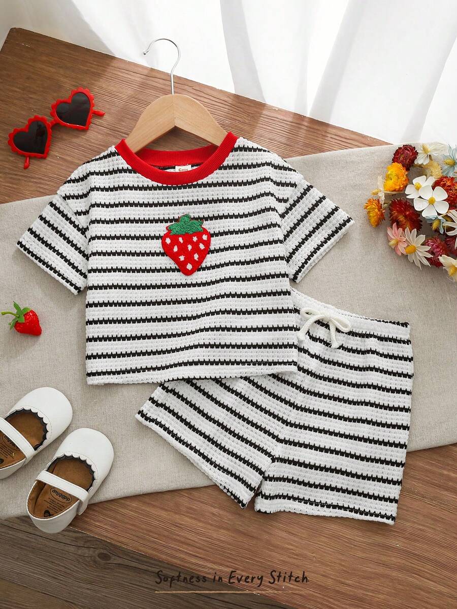 Rainbow Top And Elastic Waist Shorts Set For Toddler Girls Casual Wear