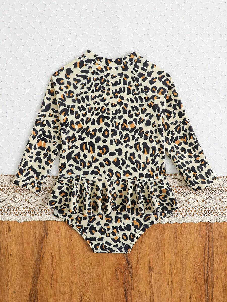 Leopard Print One Piece Swimsuit For Baby Girls With Ruffle Trim Beachwear