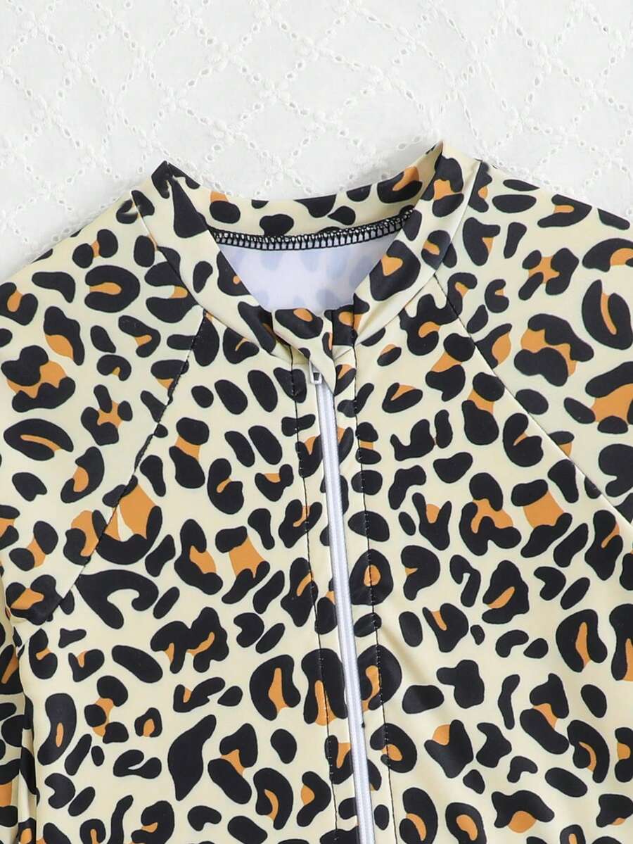 Leopard Print One Piece Swimsuit For Baby Girls With Ruffle Trim Beachwear
