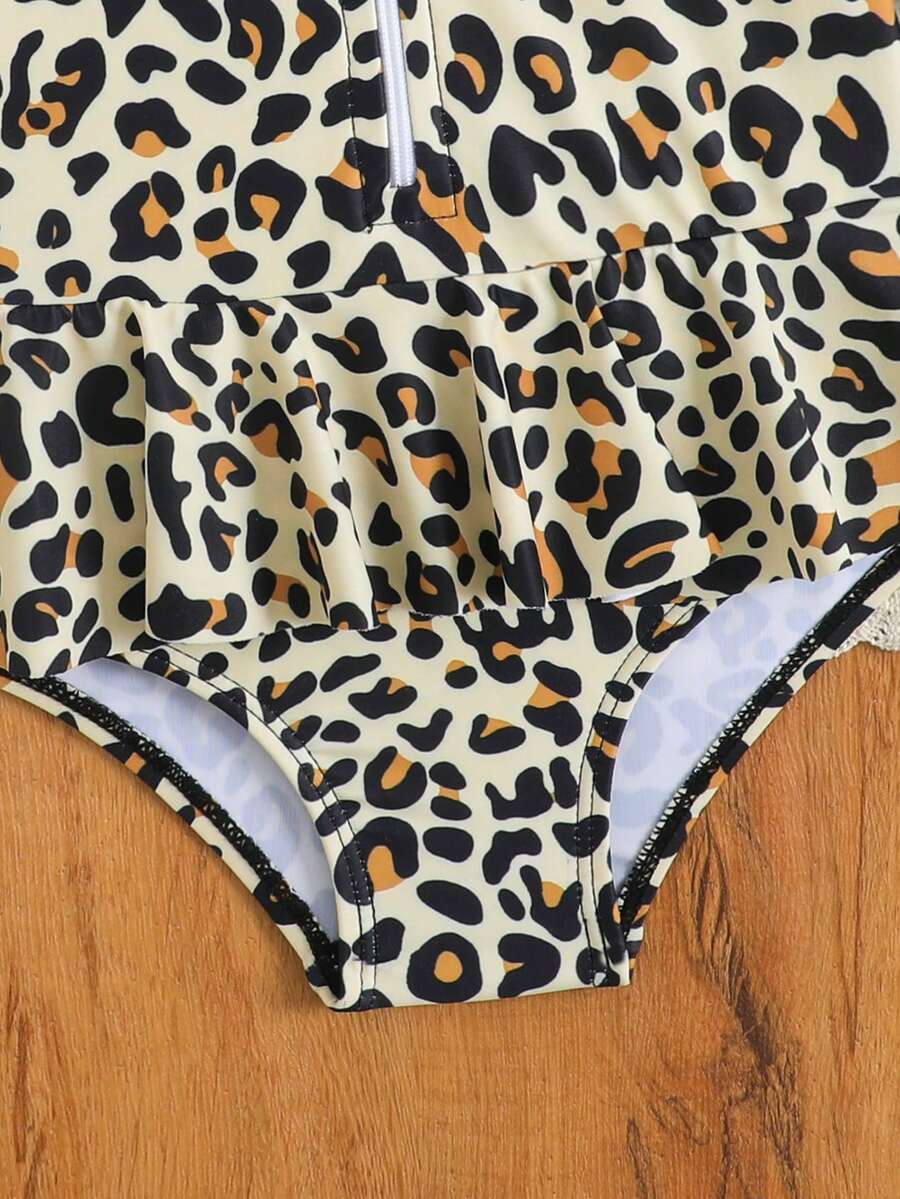 Leopard Print One Piece Swimsuit For Baby Girls With Ruffle Trim Beachwear