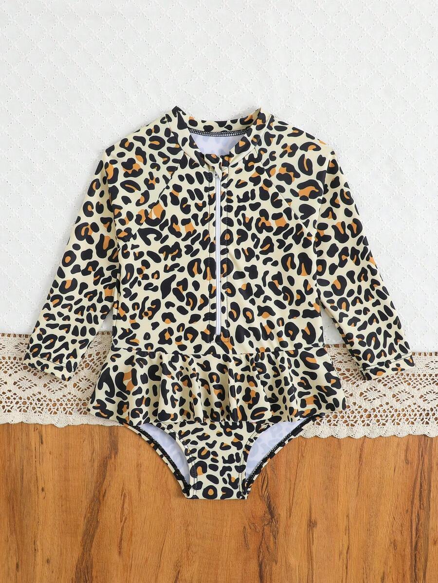 Leopard Print One Piece Swimsuit For Baby Girls With Ruffle Trim Beachwear